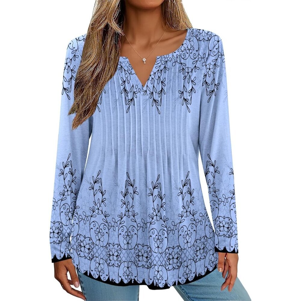 Womens Long Sleeve V Neck Blouse Floral Basic Casual Fall Shirt - Picture 3 of 6